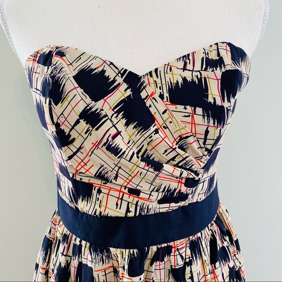 Anthropologie Burlapp Navy Tan Print Strapless 100% Silk Dress Size 4 - Picture 2 of 11
